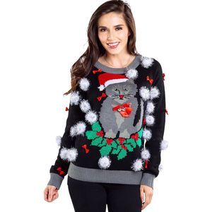 Cat Hairball Bells Ugly Christmas Sweater Medium